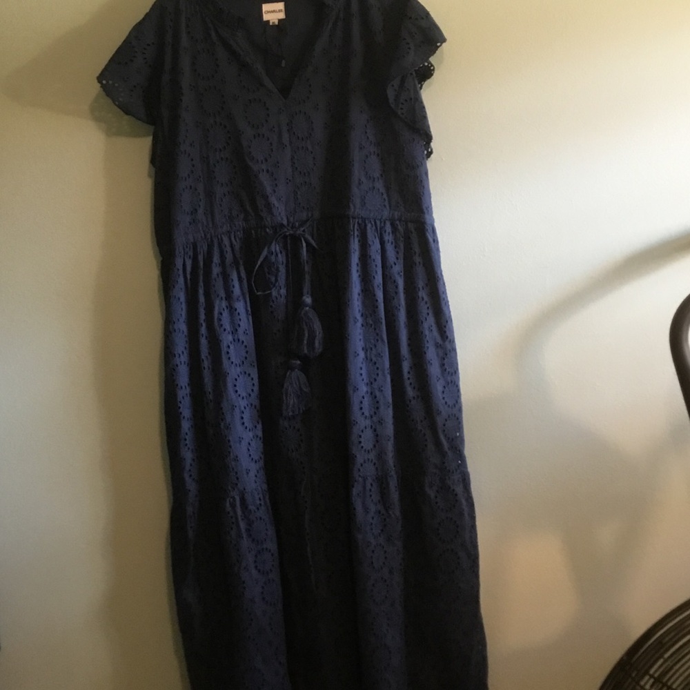 Charlee Navy Eyelet Tassel Drawstring Midi Dress